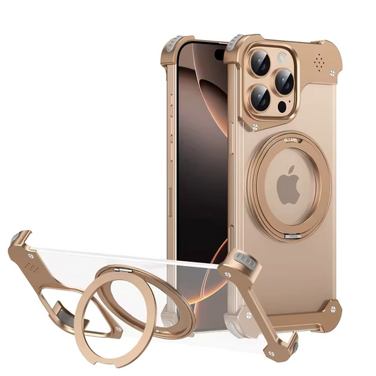 Aluminum Frameless Transparent Bumper Metal Phone Case With 360 Rotatable Stand For iPhone