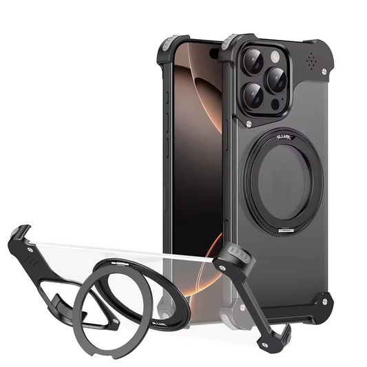 Aluminum Frameless Transparent Bumper Metal Phone Case With 360 Rotatable Stand For iPhone