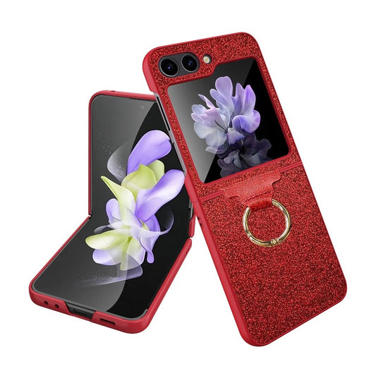 Luxury Colorful Shiny Glitter Ring Bracket With Tempered Film Shockproof Hard Phone Case For Samsung Galaxy Z Flip 5