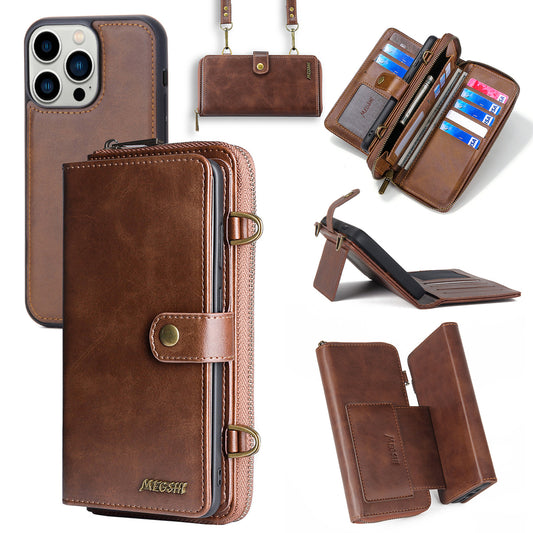 Zipper Removable Leather Women Wallet Flip Card Magnetic Case With Should Strap For iPhone