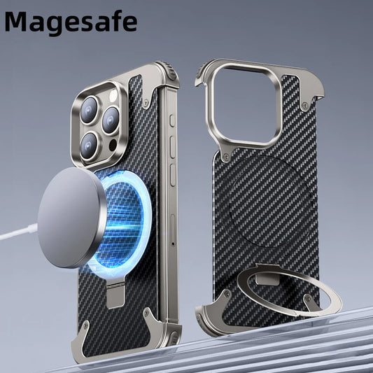 Metal Aluminum Carbon Fibre Phone Case With Magnetic Magsafe Phone Holder For iPhone
