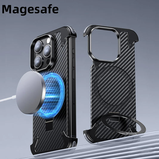 Metal Aluminum Carbon Fibre Phone Case With Magnetic Magsafe Phone Holder For iPhone