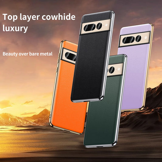 Cowhide Leather Plating Shockproof Phone Case For Google Pixel 8 7