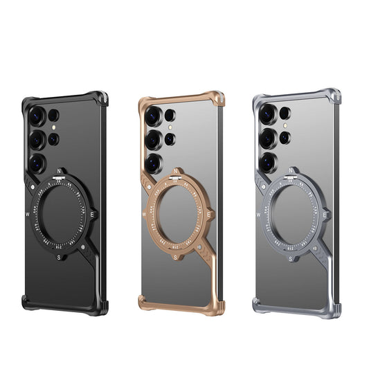 Metal Frame Aluminum Frameless S Shape Phone Case With Magnetic Holder For Samsung Galaxy S24 S25