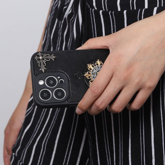 Metallic Sun Pattern Chrome PU Leather Phone Case For iPhone