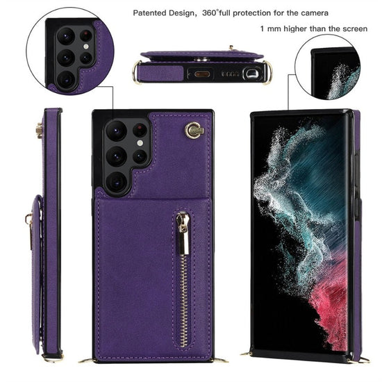 Luxury Leather Zipper Wallet Card Strap Case For Samsung Galaxy S23 S22 S21 Plus Wallet Card Lanyard Cover