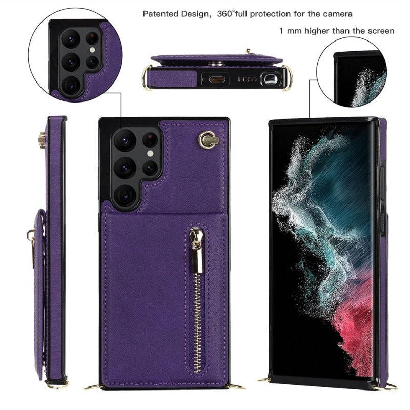 Luxury Leather Zipper Wallet Card Strap Case For Samsung Galaxy S23 S22 S21 Plus Wallet Card Lanyard Cover