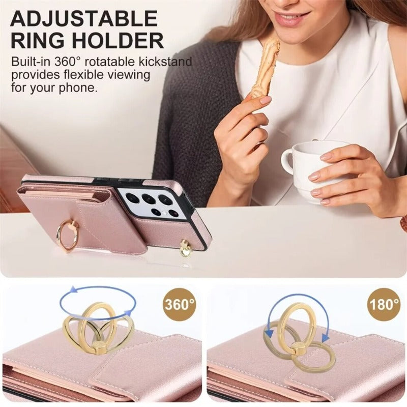 Ring Stand Phone Case For Samsung Galaxy S23 S22 Ultra Plus Leather Cover with RFID Blocking Card Slot Holder