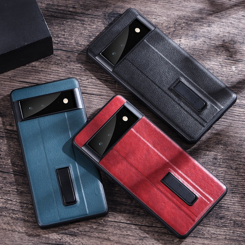Metal Holder Leather Case for Google Pixel 7 Pro 6A 6 Pro 7Pro 6Pro Cover Shockproof Matte Antislip Stand Kickstand Shell Fundas