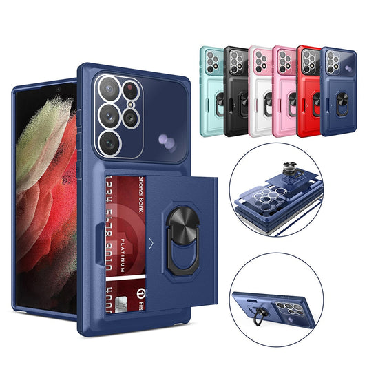 Slide Wallet Card Slot Armor Phone Case For Samsung Galaxy  Shockproof Magnetic Ring Cover