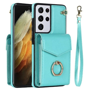 Ring Stand Phone Case For Samsung Galaxy S23 S22 Ultra Plus Leather Cover with RFID Blocking Card Slot Holder