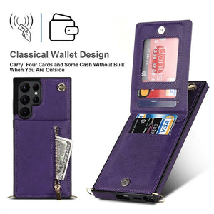Luxury Leather Zipper Wallet Card Strap Case For Samsung Galaxy S23 S22 S21 Plus Wallet Card Lanyard Cover
