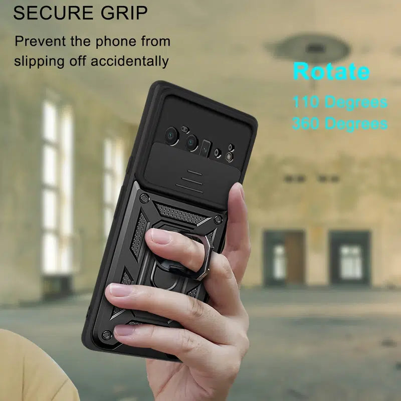 Phone Protective Case For Google Pixel 6 /Pixel 6 Pro With 360° Rotating Ring Holder Anti-Fingerprint Wear-Resistant Drop Sliding Window Design For Protecting Camera