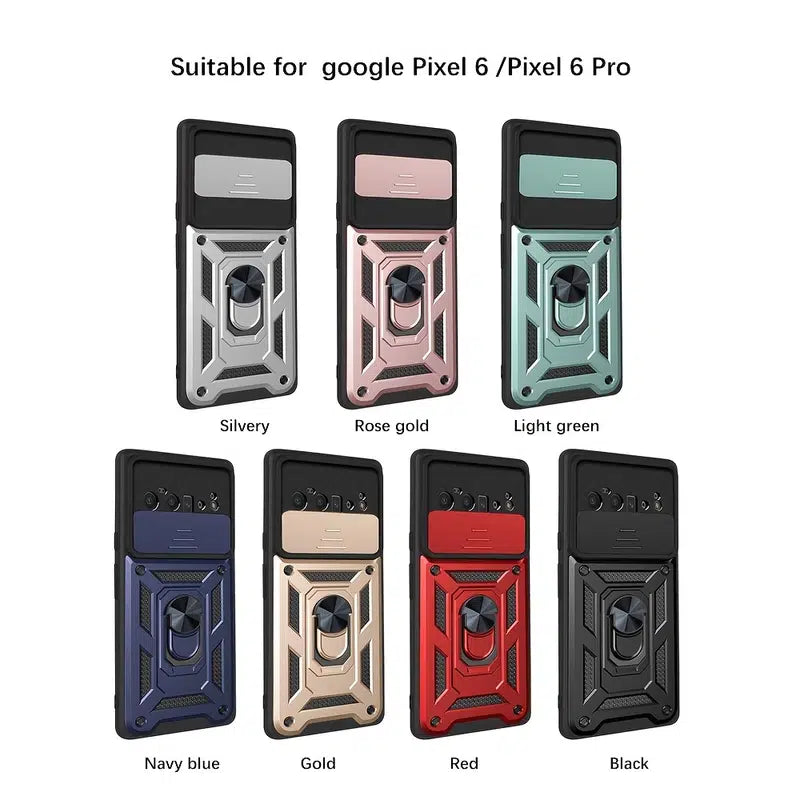 Phone Protective Case For Google Pixel 6 /Pixel 6 Pro With 360° Rotating Ring Holder Anti-Fingerprint Wear-Resistant Drop Sliding Window Design For Protecting Camera