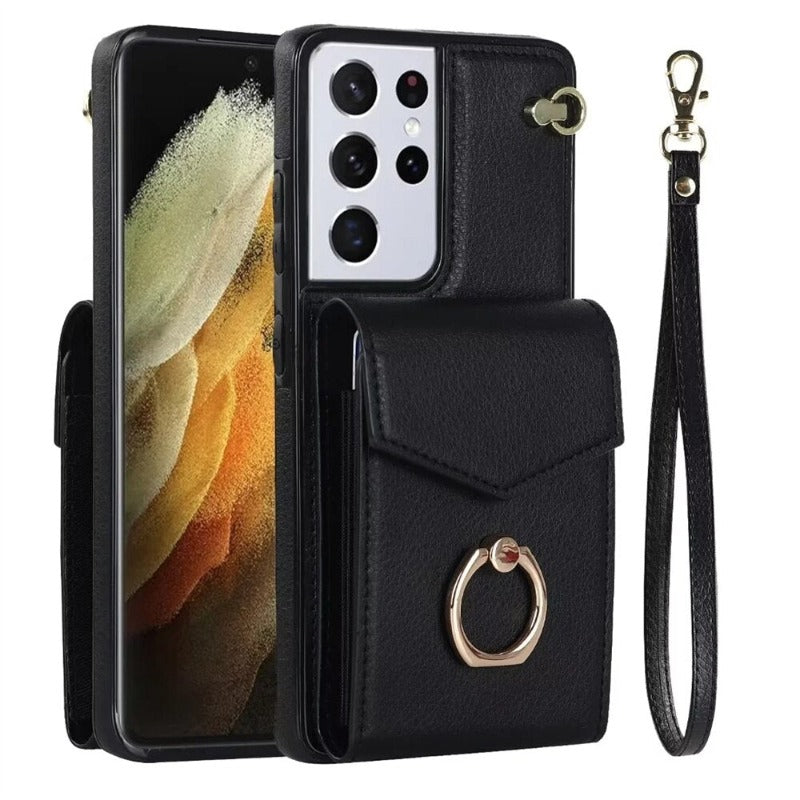 Ring Stand Phone Case For Samsung Galaxy S23 S22 Ultra Plus Leather Cover with RFID Blocking Card Slot Holder