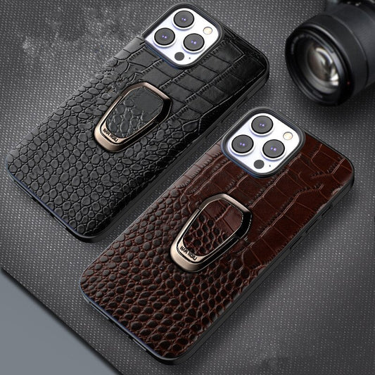 Genuine Cowhide Leather Phone Case With Classic Crocodile Metal Ring Holder For iPhone