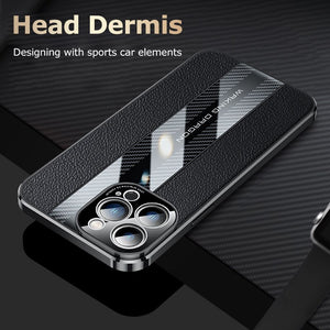 Genuine Leather Phone Case For iPhon 12 13 14 Pro Max Plus 13Mini Electroplated Carbon Fiber Cover Lens All-inclusive Protection