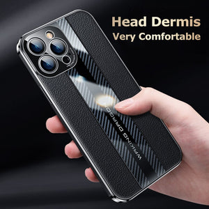 Genuine Leather Phone Case For iPhon 12 13 14 Pro Max Plus 13Mini Electroplated Carbon Fiber Cover Lens All-inclusive Protection