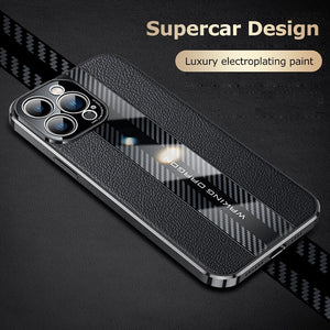 Genuine Leather Phone Case For iPhon 12 13 14 Pro Max Plus 13Mini Electroplated Carbon Fiber Cover Lens All-inclusive Protection