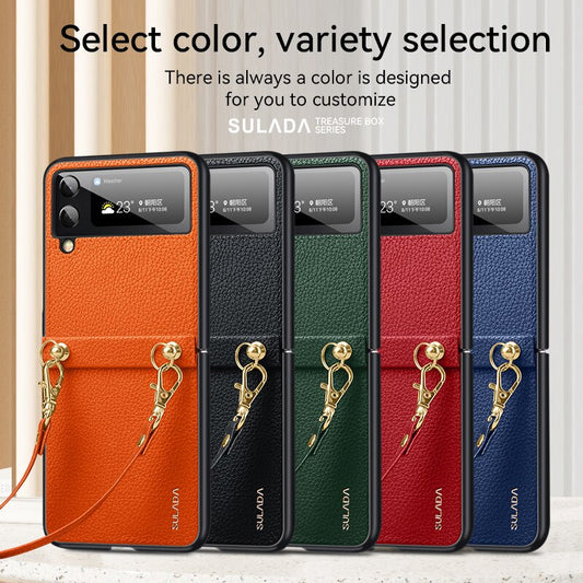 Samsung Z Flip 4 Phone Case SULADA Treasure Box PC Leather Lanyard Hard Shell Folding Case For samsung z flip 4 case