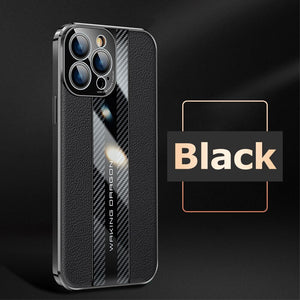 Genuine Leather Phone Case For iPhon 12 13 14 Pro Max Plus 13Mini Electroplated Carbon Fiber Cover Lens All-inclusive Protection