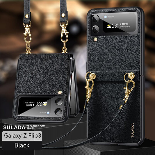PC Leather Lanyard Hard Shell Folding Phone Case For Samsung z flip