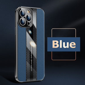 Genuine Leather Phone Case For iPhon 12 13 14 Pro Max Plus 13Mini Electroplated Carbon Fiber Cover Lens All-inclusive Protection