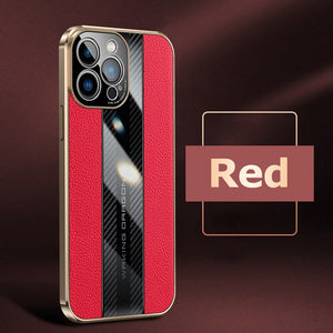 Genuine Leather Phone Case For iPhon 12 13 14 Pro Max Plus 13Mini Electroplated Carbon Fiber Cover Lens All-inclusive Protection