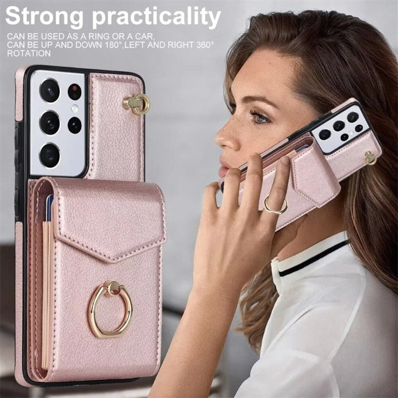 Ring Stand Phone Case For Samsung Galaxy S23 S22 Ultra Plus Leather Cover with RFID Blocking Card Slot Holder