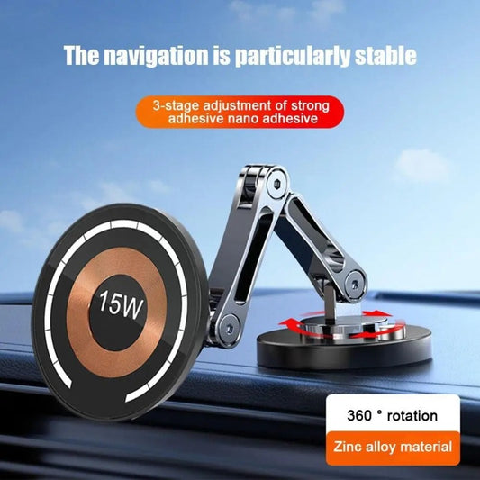 15W Magnetic Car Wireless Charger 360 Rotation 2in1 Aluminum Alloy Foldable Stand