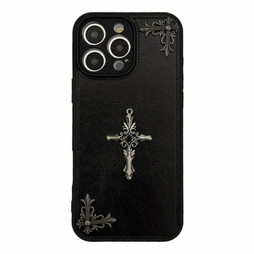 2025 New Fashion Personality Trend Cross Chrome Heart PU Leather Phone Case For iPhone