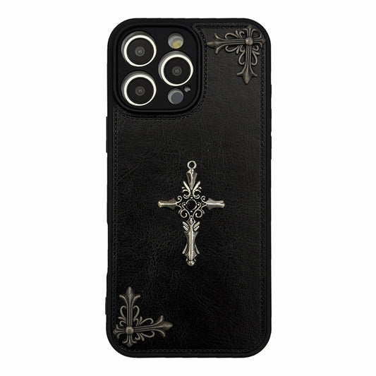 2025 New Fashion Personality Trend Cross Chrome Heart PU Leather Phone Case For iPhone