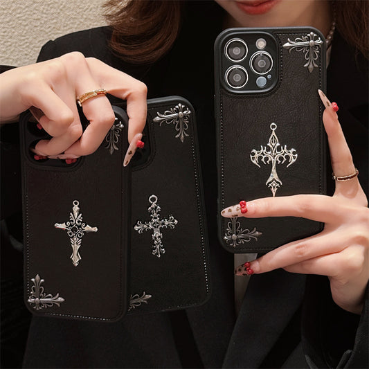 2025 New Fashion Personality Trend Cross Chrome Heart PU Leather Phone Case For iPhone