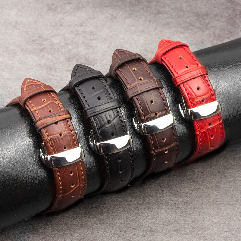 Waterproof Real Leather Steel Butterfly Buckle Watchband For Apple Watch 123