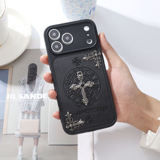 3D Metal Leather For Chrome Hearttt Cross Phone Case For iPhone