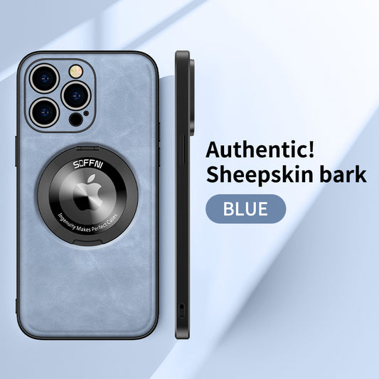 Sheepskin Leather Magsafe Holder Case With Rotating Bracket For iPhone