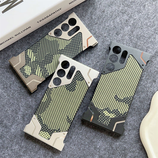 Camouflage Texture Pattern Frameless Aluminum Alloy Metal Armor Carbon Fiber Phone Case For Samsung S25 S24