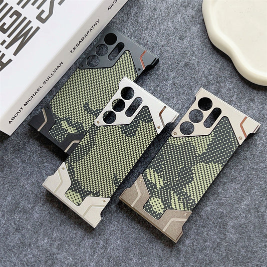 Camouflage Texture Pattern Frameless Aluminum Alloy Metal Armor Carbon Fiber Phone Case For Samsung S25 S24