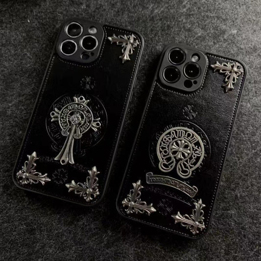 Chrome Hearts Leather Cross Print Phone Case For iPhone