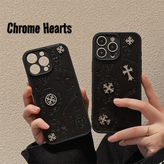Cross Chrome Hearts New Trendy Croheart Crochet Leather 3D Artrficial Leather Phone Case For iPhone