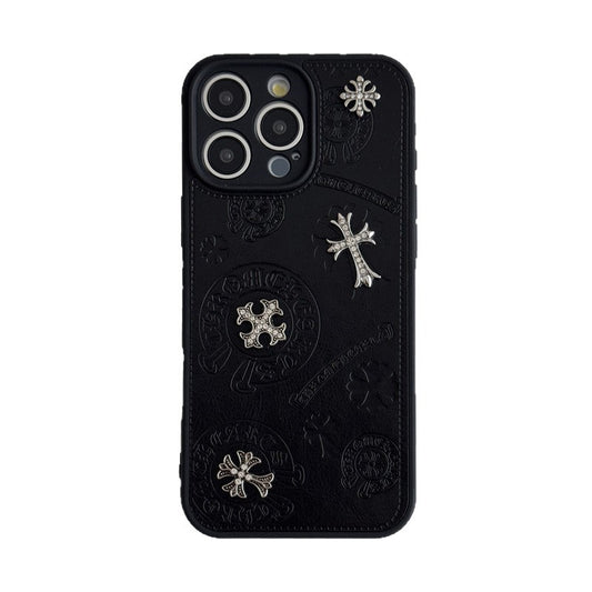 Cross Chrome Hearts New Trendy Croheart Crochet Leather 3D Artrficial Leather Phone Case For iPhone