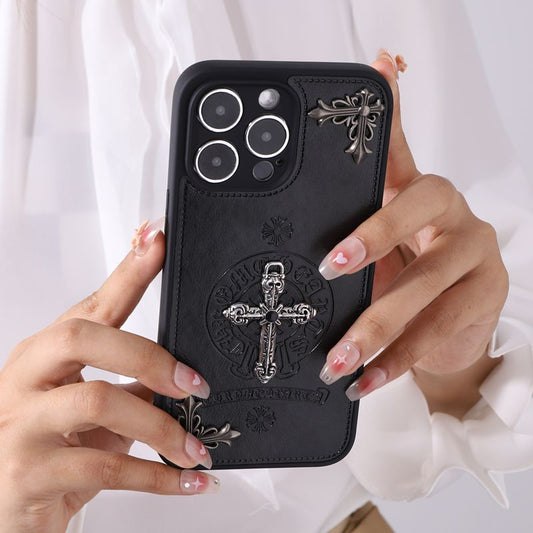 Cross Leather Chrome Hearts Phone Case For IPhone