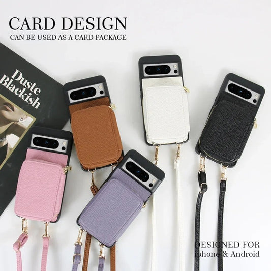 Crossbody Lanyard Wallet PU Leather Phone Case With Zipper Purse Card Slot Holder For Google Pixel 8 7