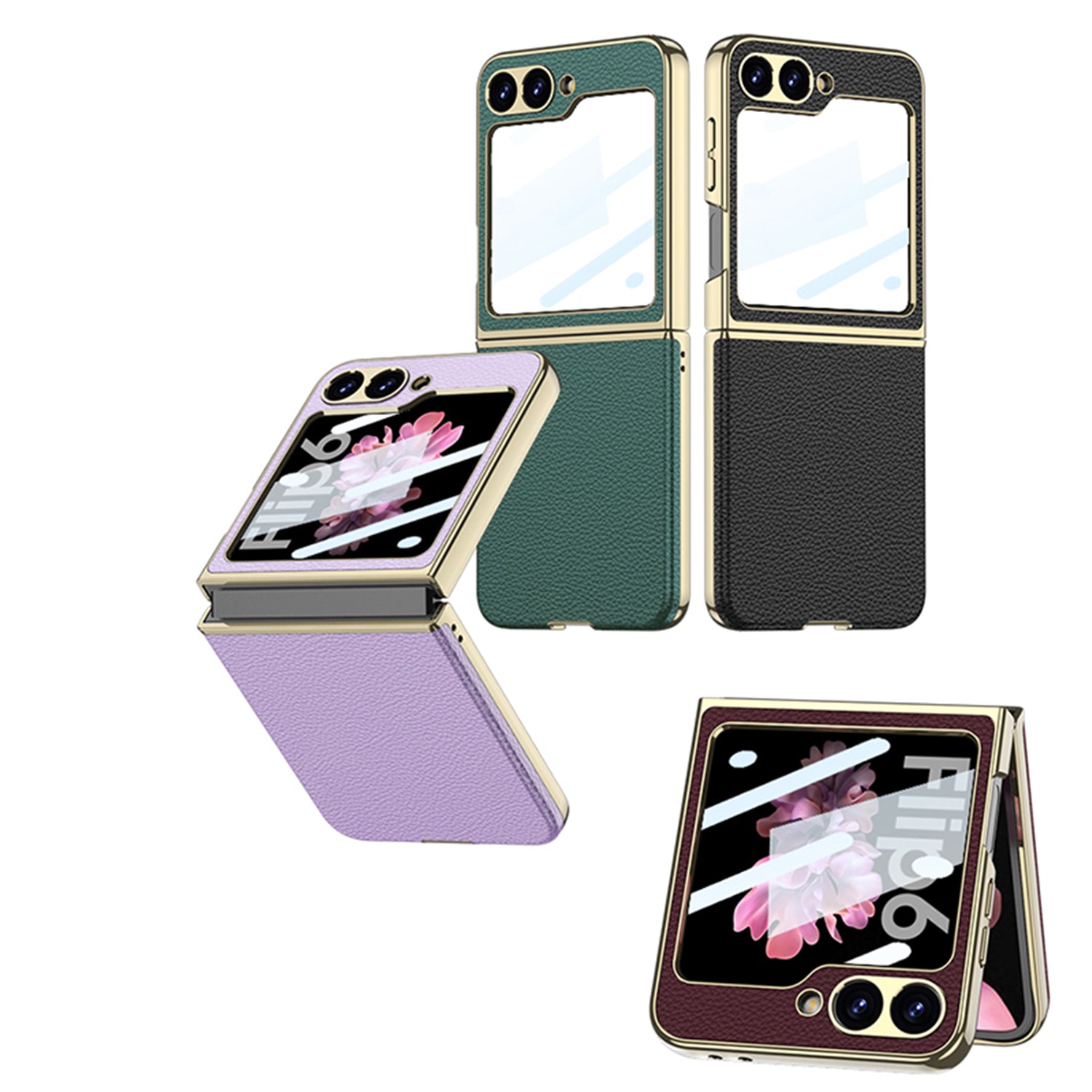 Curved Plain Leather Wrapped Electroplated Bezel Glass Protective Film Case For Samsung Galaxy Z Flip7 6