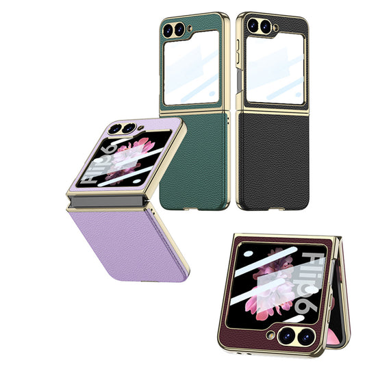 Curved Plain Leather Wrapped Electroplated Bezel Glass Protective Film Case For Samsung Galaxy Z Flip7 6