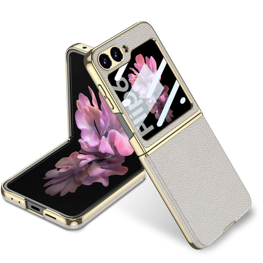 Curved Plain Leather Wrapped Electroplated Bezel Glass Protective Film Case For Samsung Galaxy Z Flip7 6