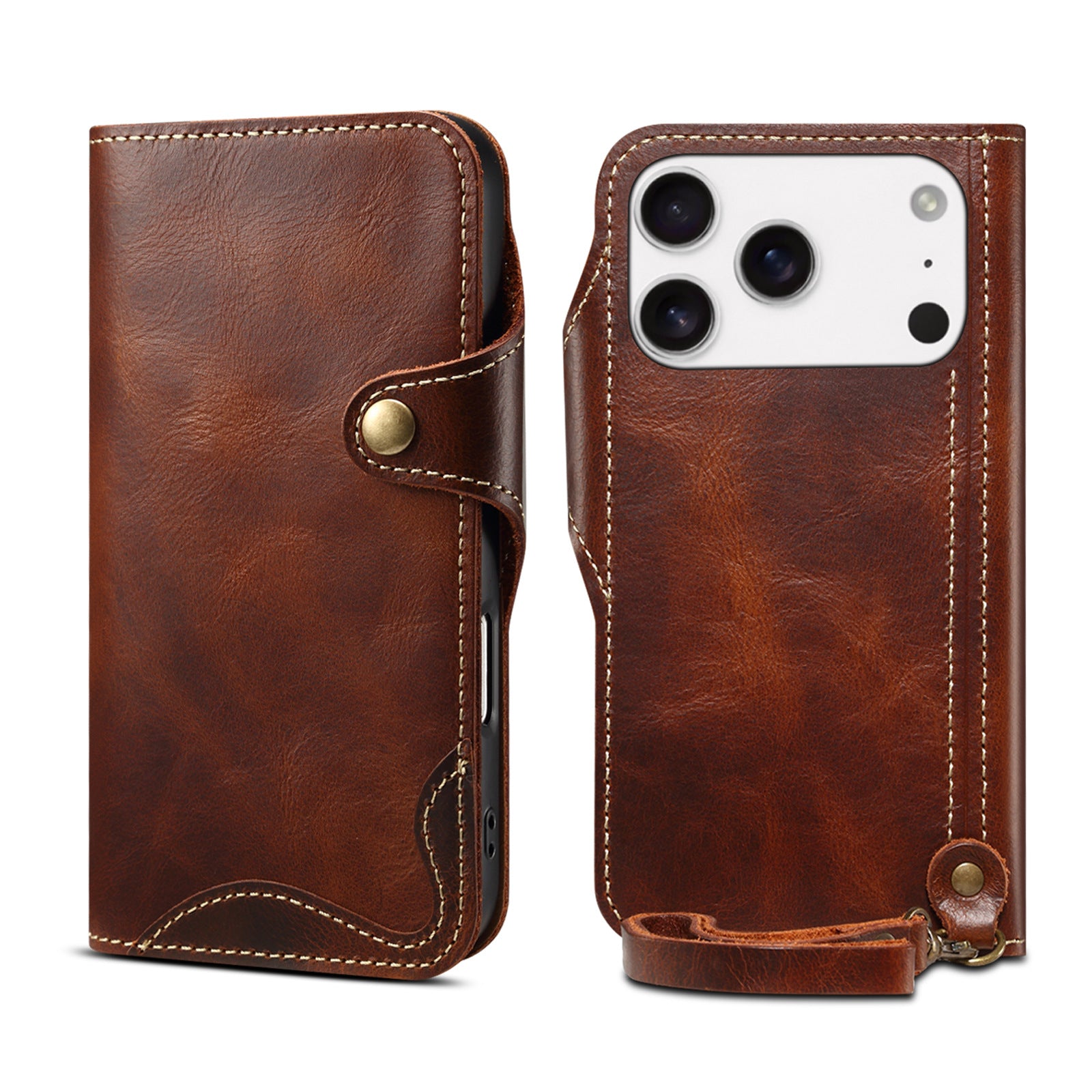 Luxury Oil Wax Genuine Leather Wallet Card Phone Case With Magnetic Buckle Clasp For iPhone
