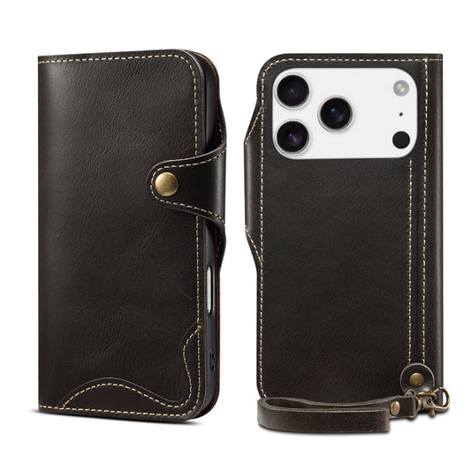 Luxury Oil Wax Genuine Leather Wallet Card Phone Case With Magnetic Buckle Clasp For iPhone