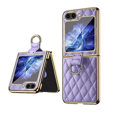 Electroplated Golden Frame PU Leather Phone Case with Ring Holder Kickstand For Samsung Galaxy Z Flip 5