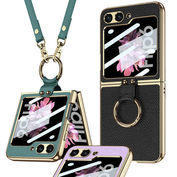 Electroplated Leather Strap Hard Case Back Screen Glass Ring Stand   For Samsung Galaxy Z Flip 6